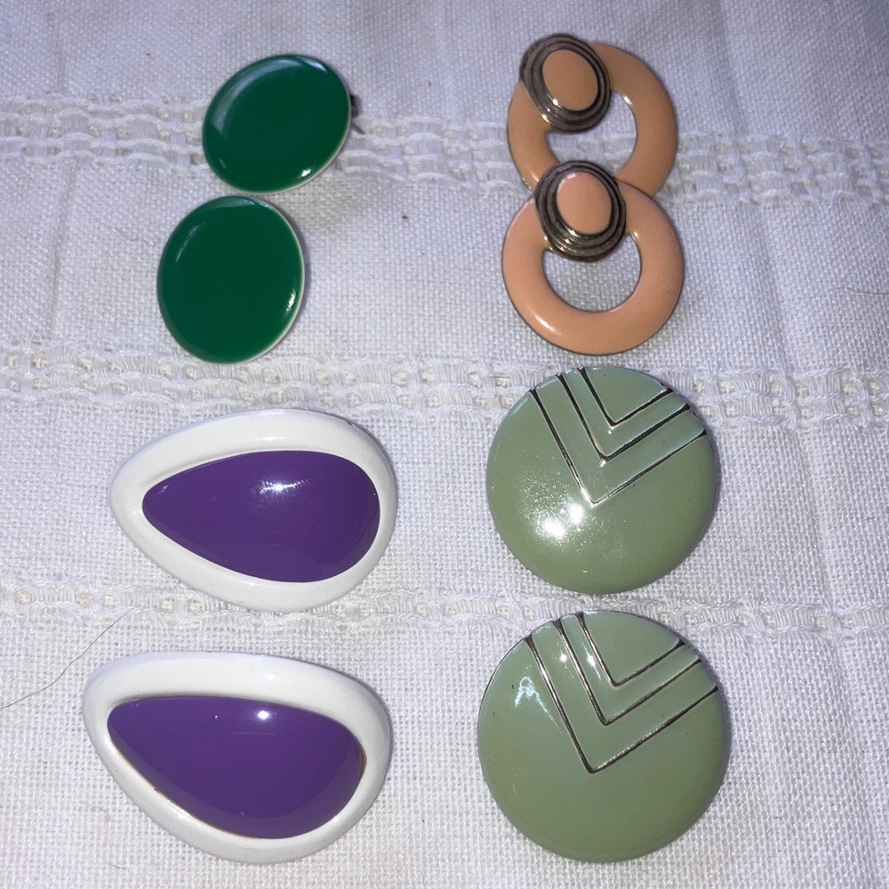 Vintage Metal‎ & Enamel Earrings Set Green, Purple, Peach Posts